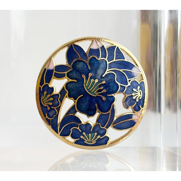 Blue Cloissone Floral Circular Gold Toned XL 90's Vintage Lapel Brooch Pin - Picture 1 of 9
